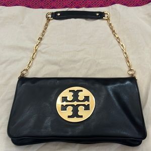 Authentic Tory Burch clutch black leather purse with Big Gold emblem